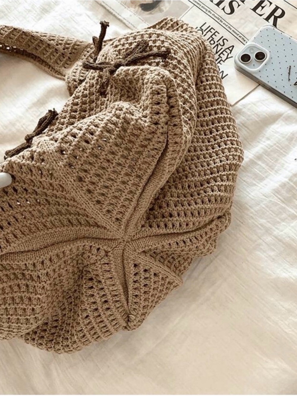 Free People Handwoven Beige Crochet Tote Bag with Bow Accents - Picture 3 of 6